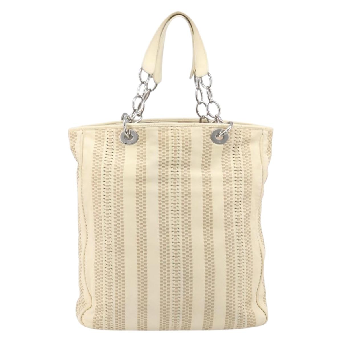 Christian Dior Chain Tote Bag Leather Beige Silver Auth ka7002A