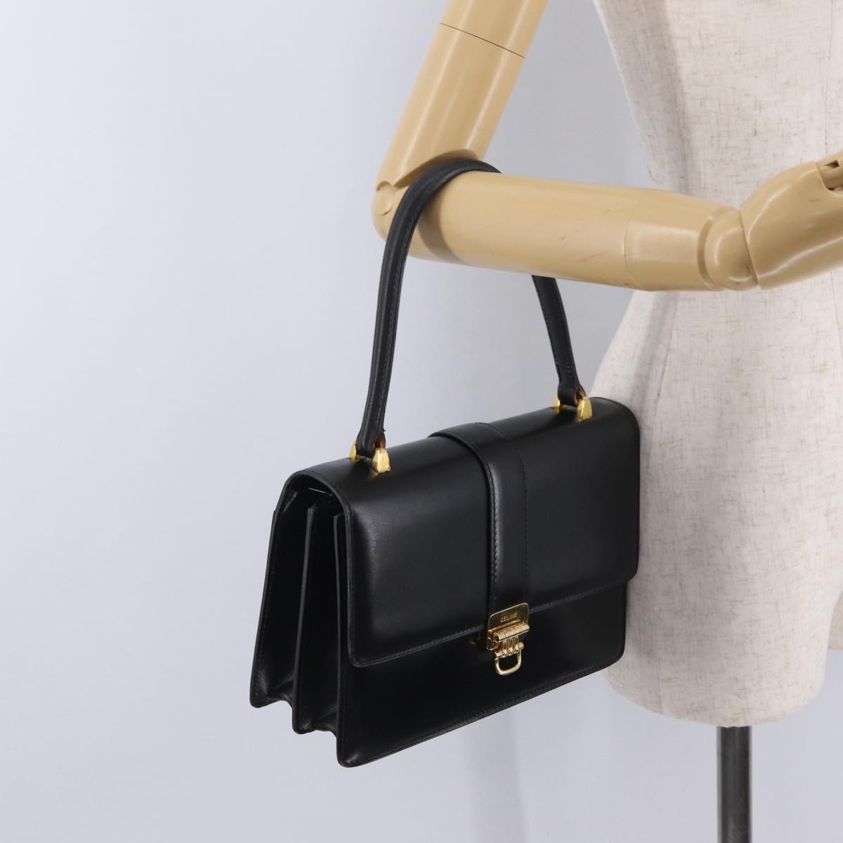 CELINE Hand Bag Leather Black Gold Auth ka7008