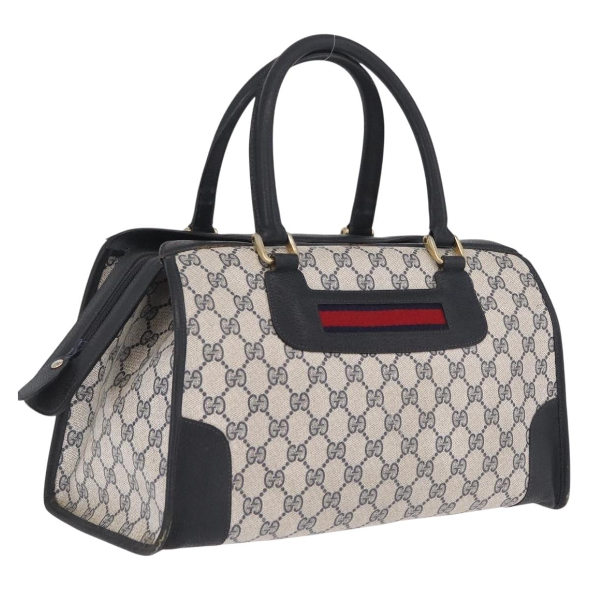 GUCCI GG Supreme Sherry Line Hand Bag PVC Navy Gold Auth ka7011