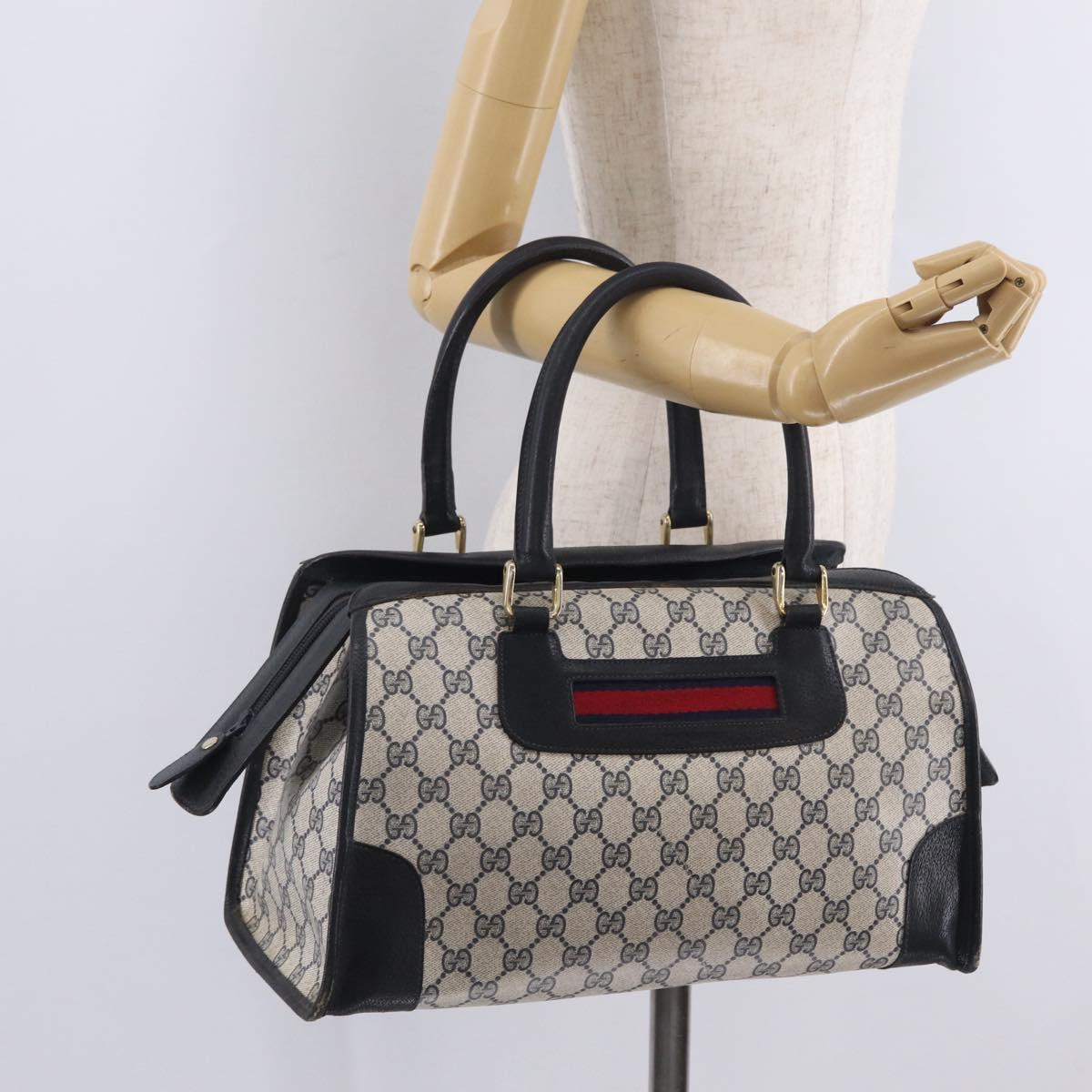 GUCCI GG Supreme Sherry Line Hand Bag PVC Navy Gold Auth ka7011