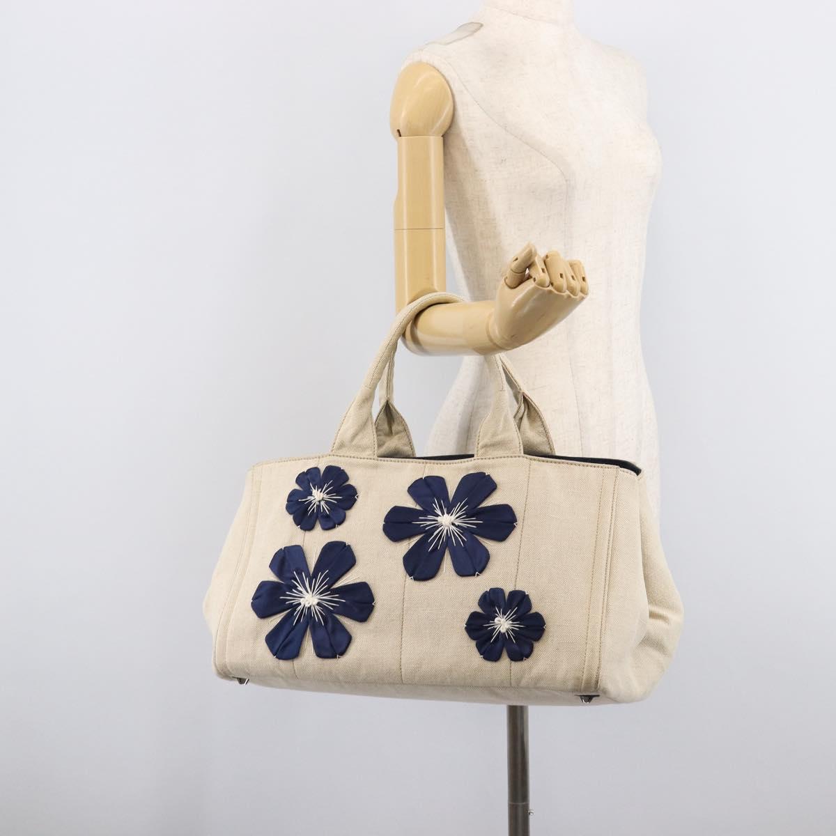 PRADA Canapa GM Hand Bag Canvas Beige Silver Auth ka7145A