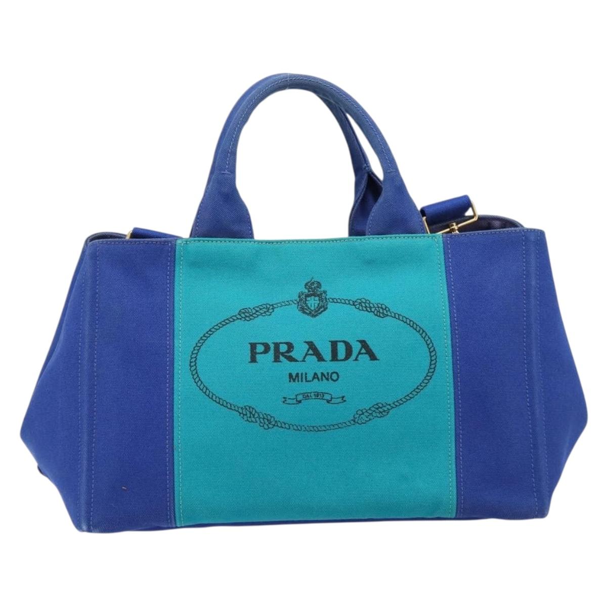 PRADA Canapa MM Hand Bag Canvas 2way Blue Gold Auth ka7146A