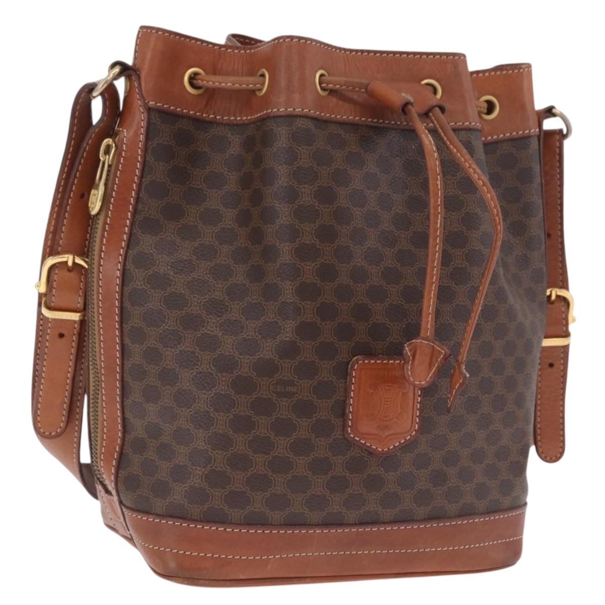 CELINE Macadam Canvas Shoulder Bag PVC Leather Brown Gold Auth ka7164