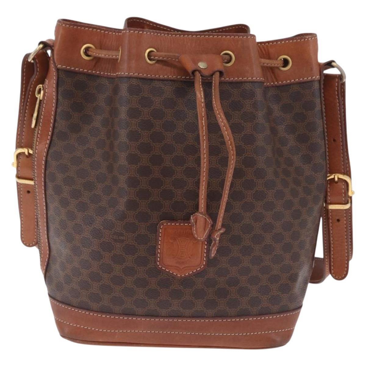 CELINE Macadam Canvas Shoulder Bag PVC Leather Brown Gold Auth ka7164