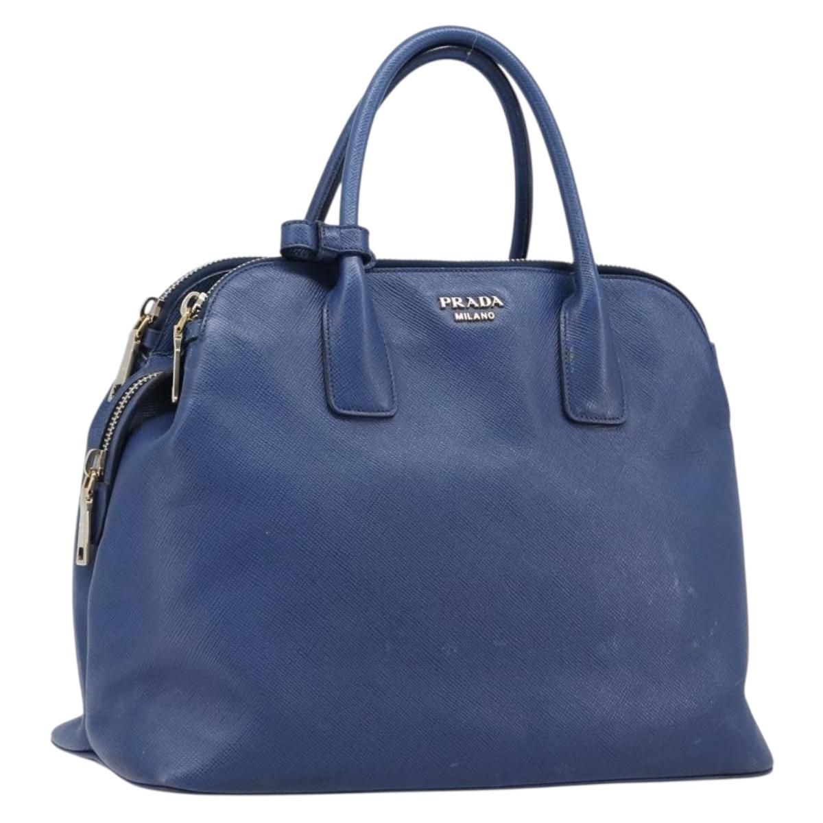 PRADA Hand Bag Safiano Leather Blue Gold Auth ka7172