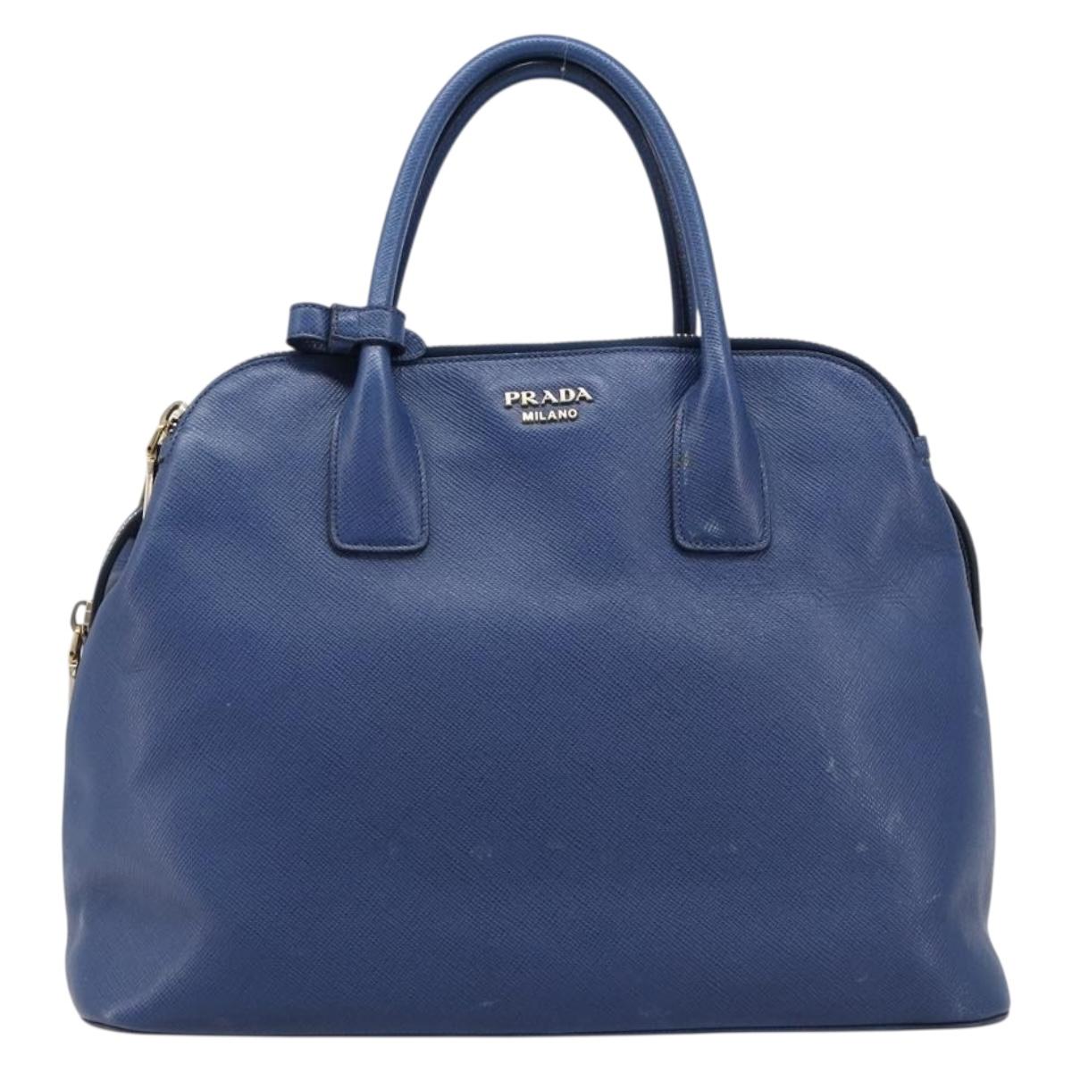PRADA Hand Bag Safiano Leather Blue Gold Auth ka7172