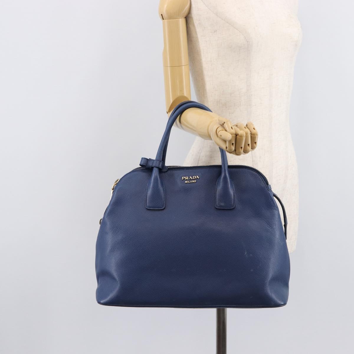 PRADA Hand Bag Safiano Leather Blue Gold Auth ka7172