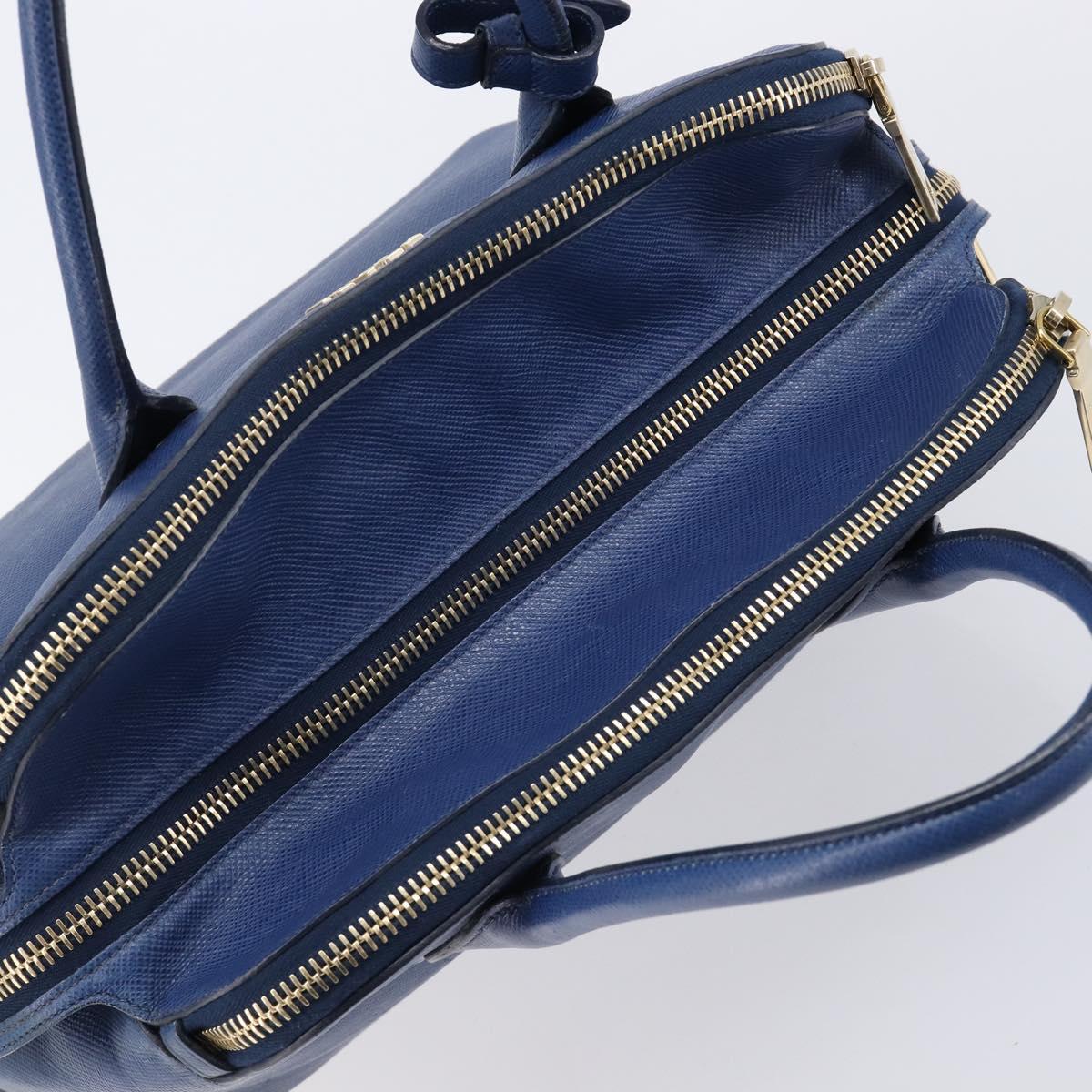 PRADA Hand Bag Safiano Leather Blue Gold Auth ka7172