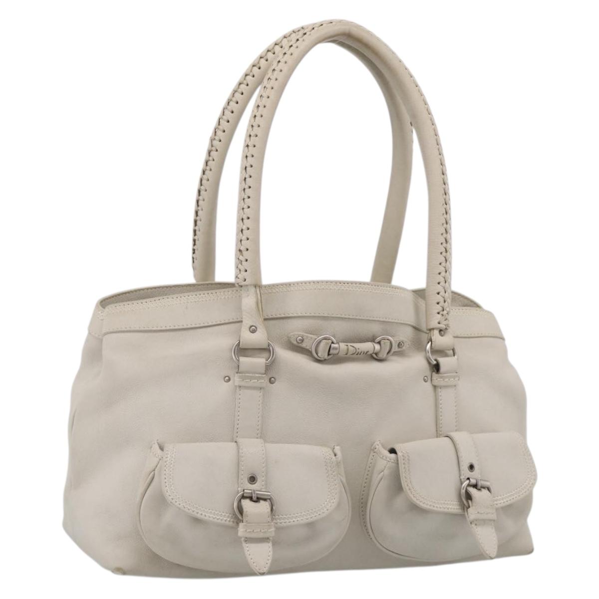 Christian Dior Hand Bag Leather White Silver Auth ka7183