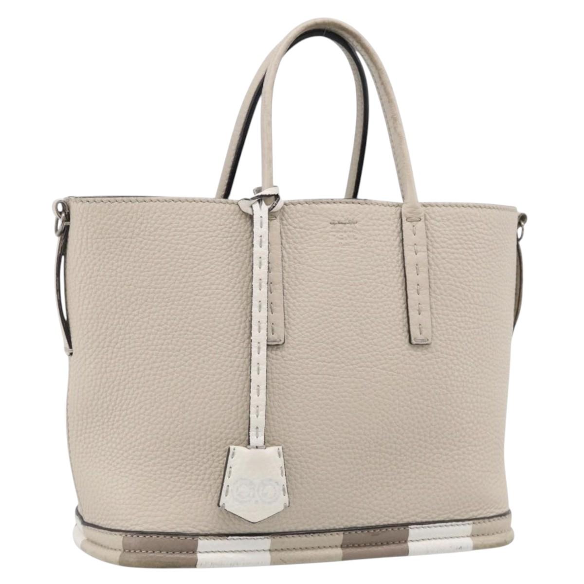 FENDI Celeria Hand Bag Leather Ivory Silver Auth ka7188