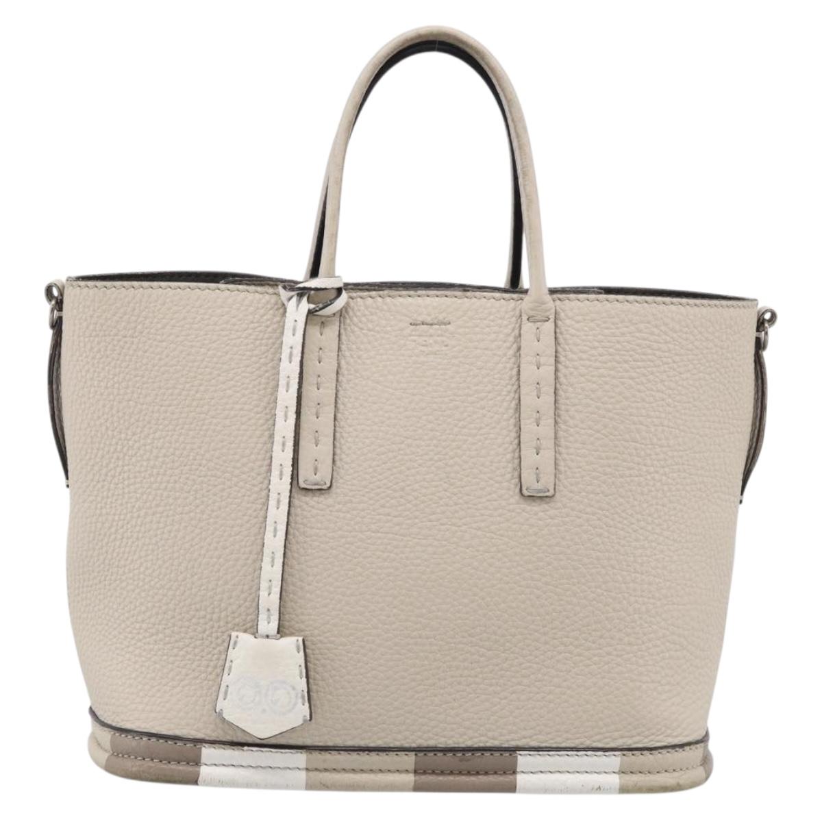 FENDI Celeria Hand Bag Leather Ivory Silver Auth ka7188