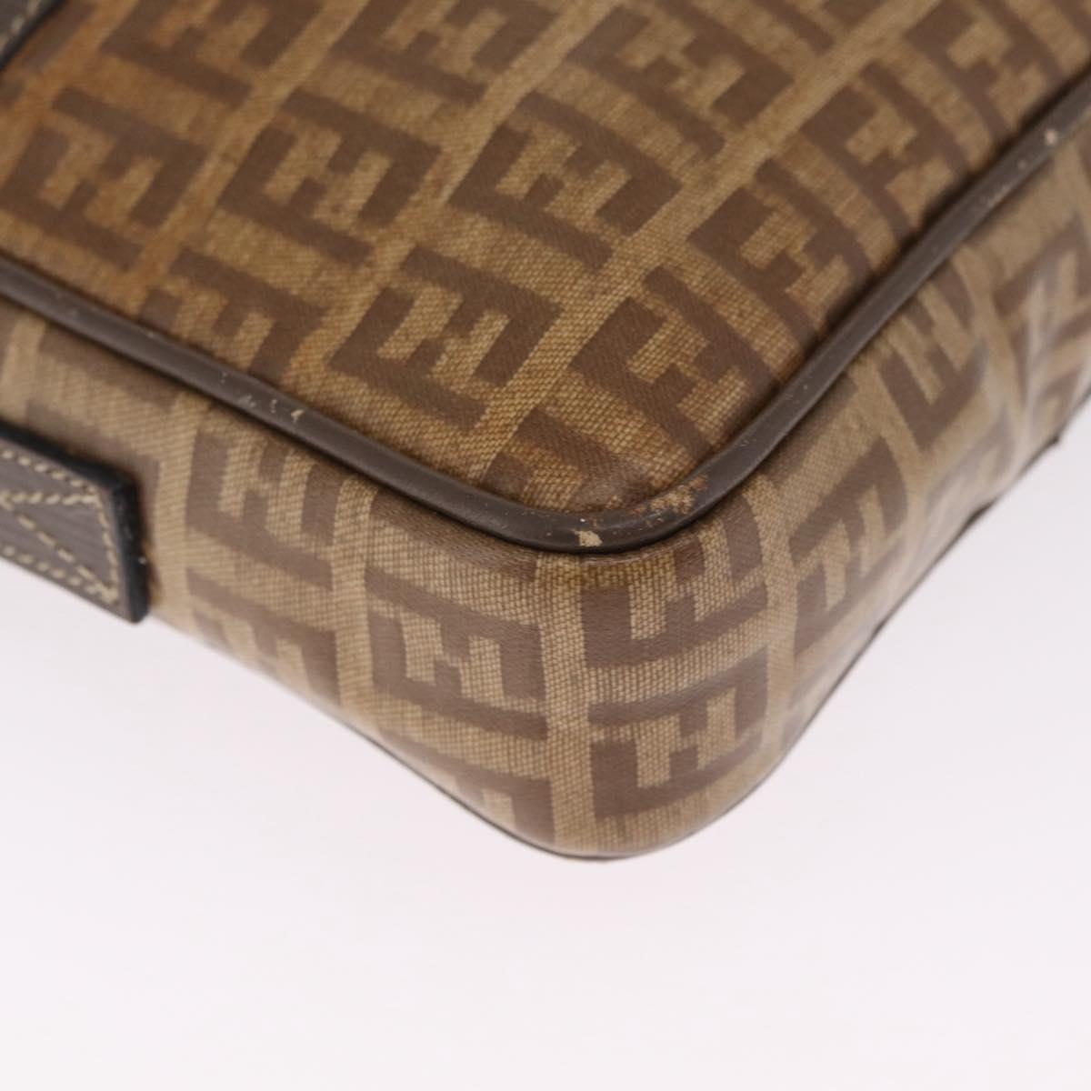 FENDI Zucchino Canvas Shoulder Bag Coated Canvas Brown Silver Auth ka7215