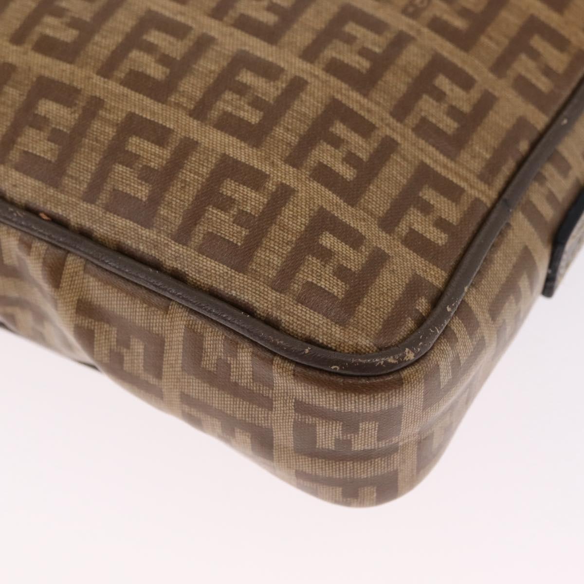 FENDI Zucchino Canvas Shoulder Bag Coated Canvas Brown Silver Auth ka7215