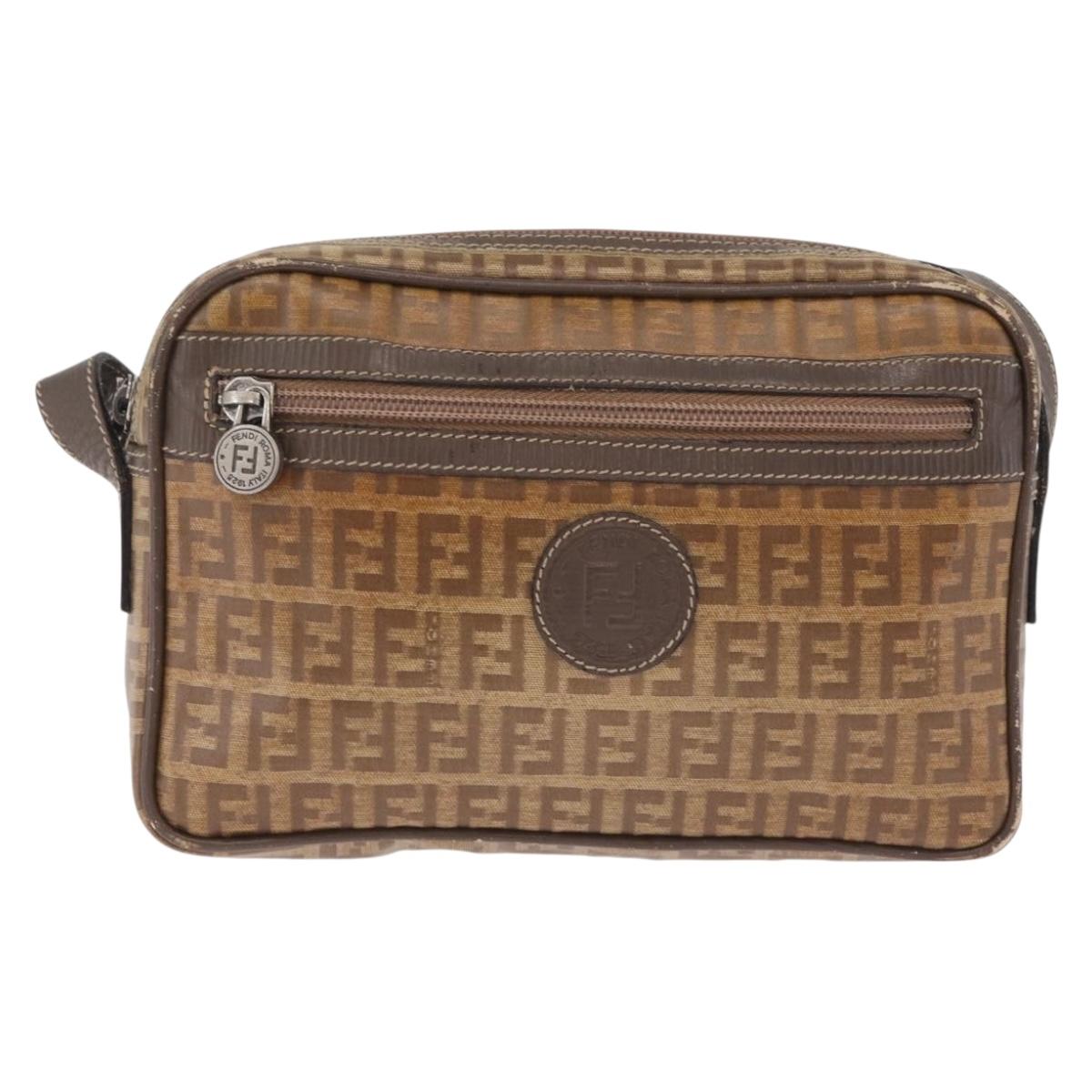 FENDI Zucchino Canvas Shoulder Bag Coated Canvas Brown Silver Auth ka7215