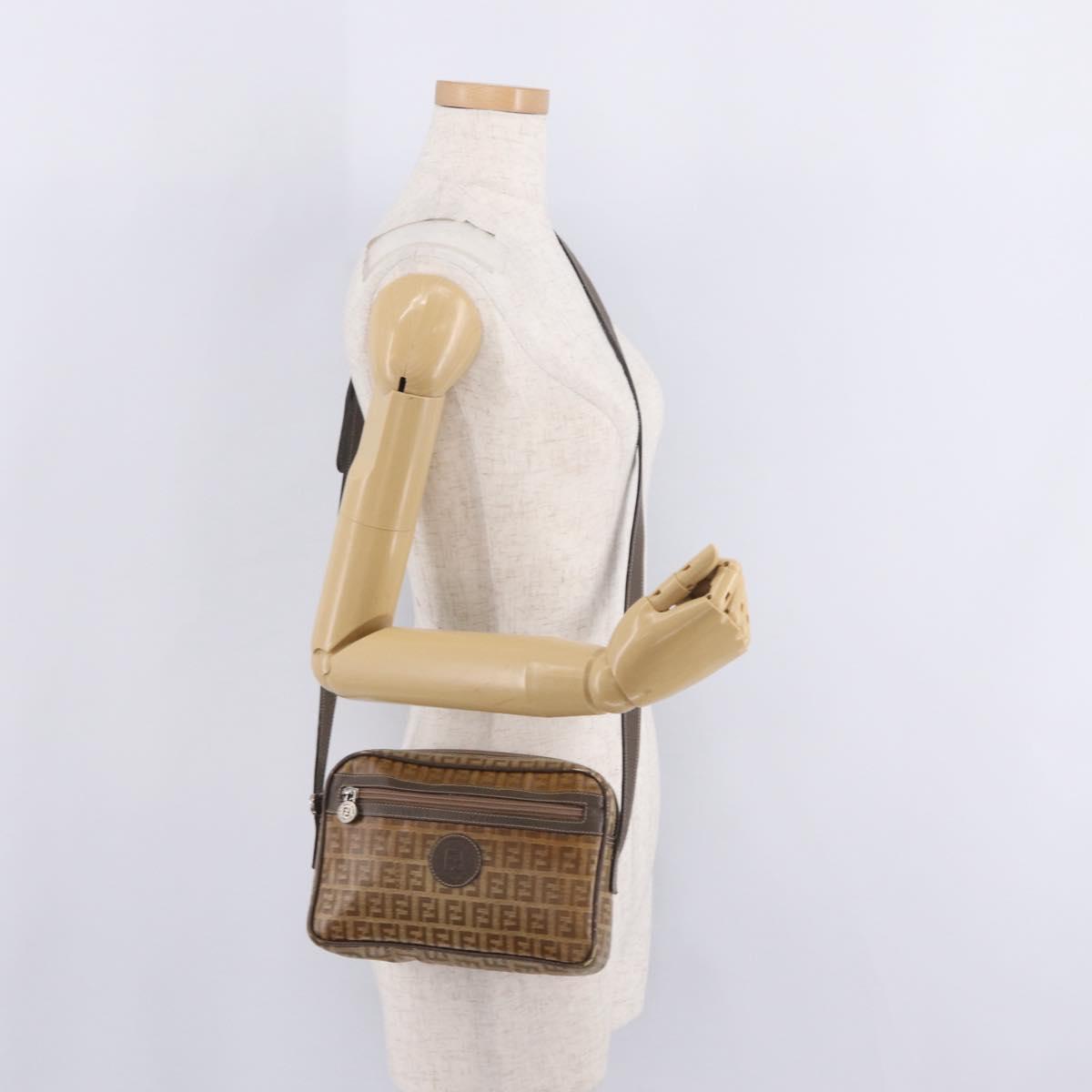FENDI Zucchino Canvas Shoulder Bag Coated Canvas Brown Silver Auth ka7215