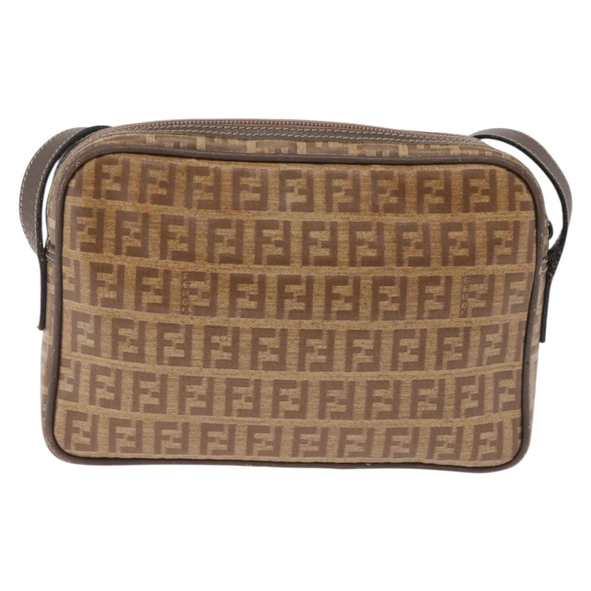 FENDI Zucchino Canvas Shoulder Bag Coated Canvas Brown Silver Auth ka7215