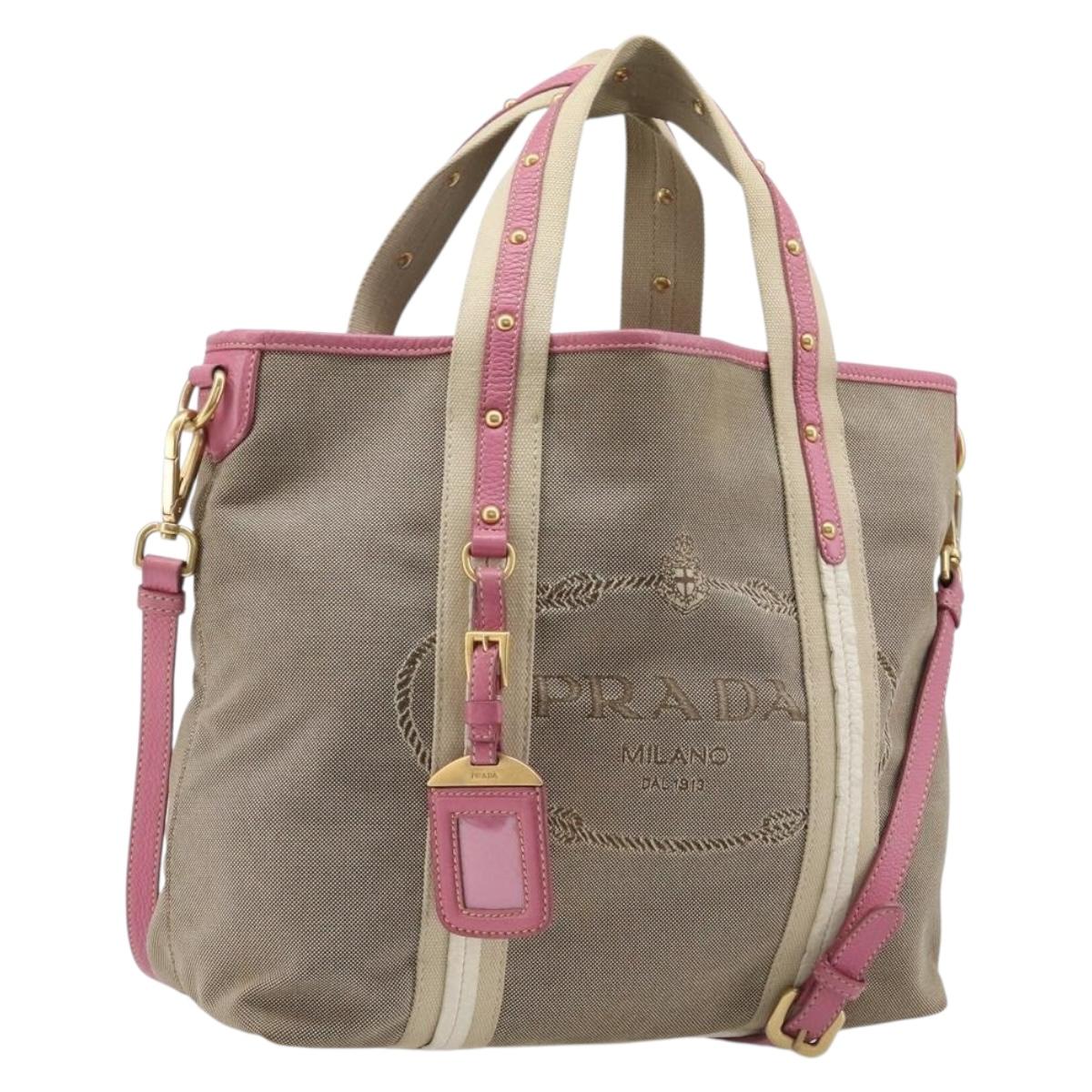 PRADA Hand Bag Canvas 2way Beige Gold Auth ka7234A