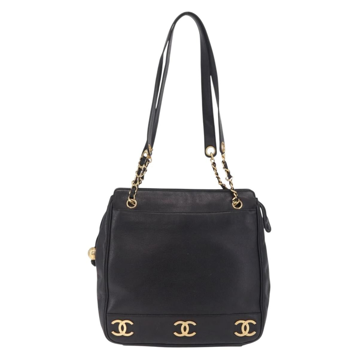 CHANEL Triple Coco Chain Shoulder Bag Caviar Skin Black Gold CC Auth ka7237V