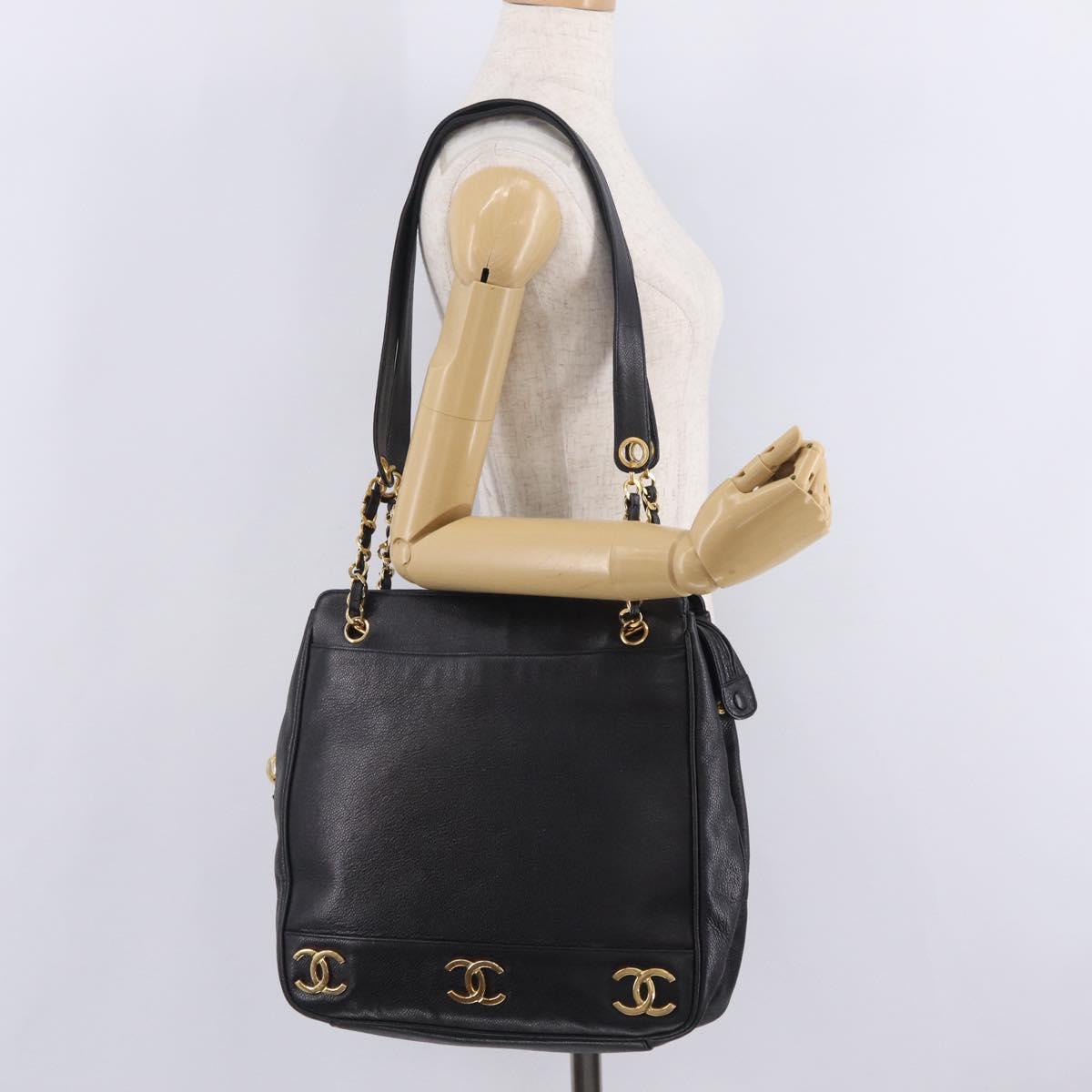 CHANEL Triple Coco Chain Shoulder Bag Caviar Skin Black Gold CC Auth ka7237V