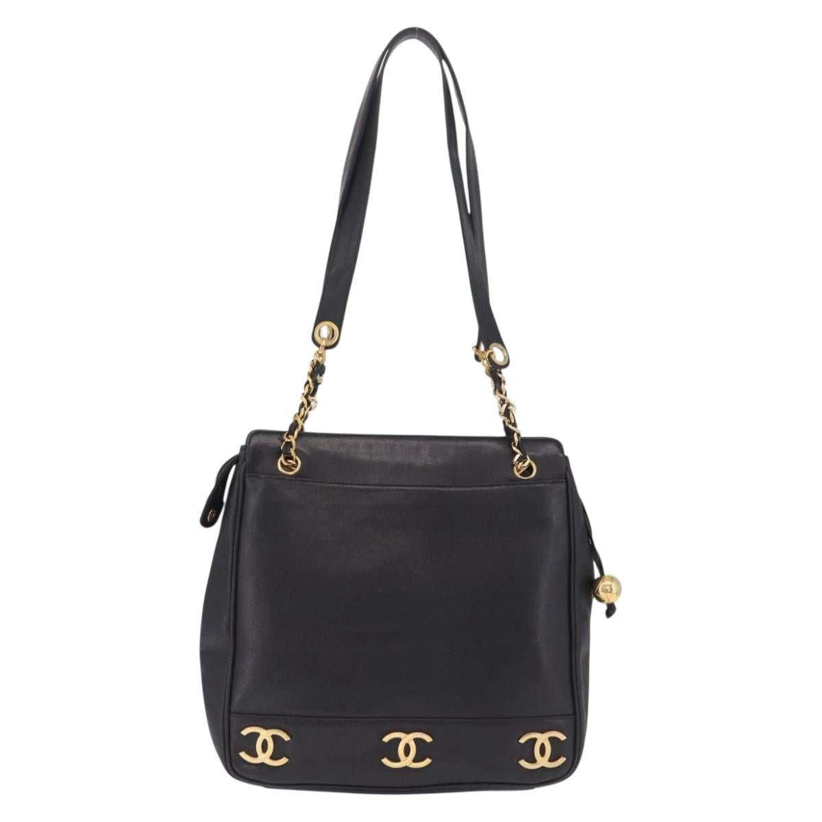 CHANEL Triple Coco Chain Shoulder Bag Caviar Skin Black Gold CC Auth ka7237V