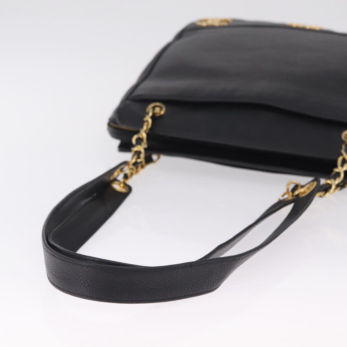 CHANEL Triple Coco Chain Shoulder Bag Caviar Skin Black Gold CC Auth ka7237V