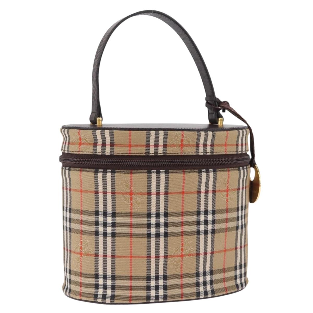BURBERRY Nova Check Vanity Hand Bag Canvas Beige Gold Auth ka7258A
