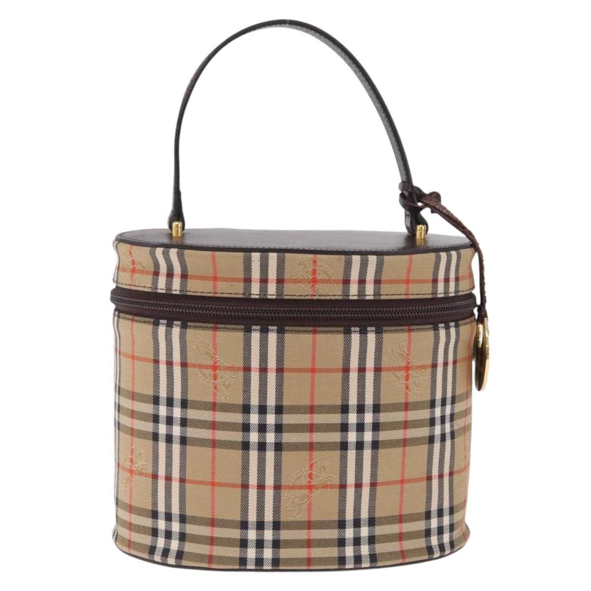 BURBERRY Nova Check Vanity Hand Bag Canvas Beige Gold Auth ka7258A