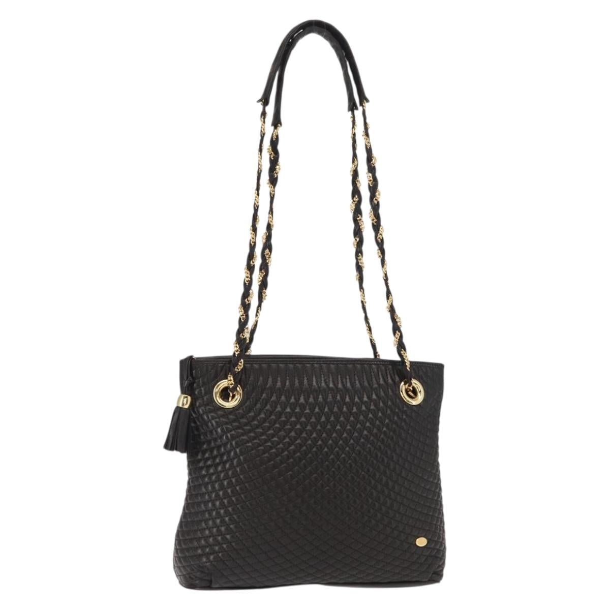BALLY Quilted Chain Shoulder Bag Leather Black Gold Auth ka727