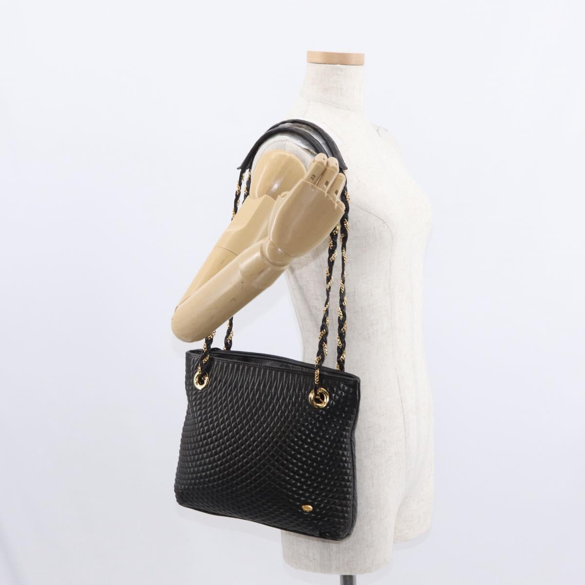 BALLY Quilted Chain Shoulder Bag Leather Black Gold Auth ka727