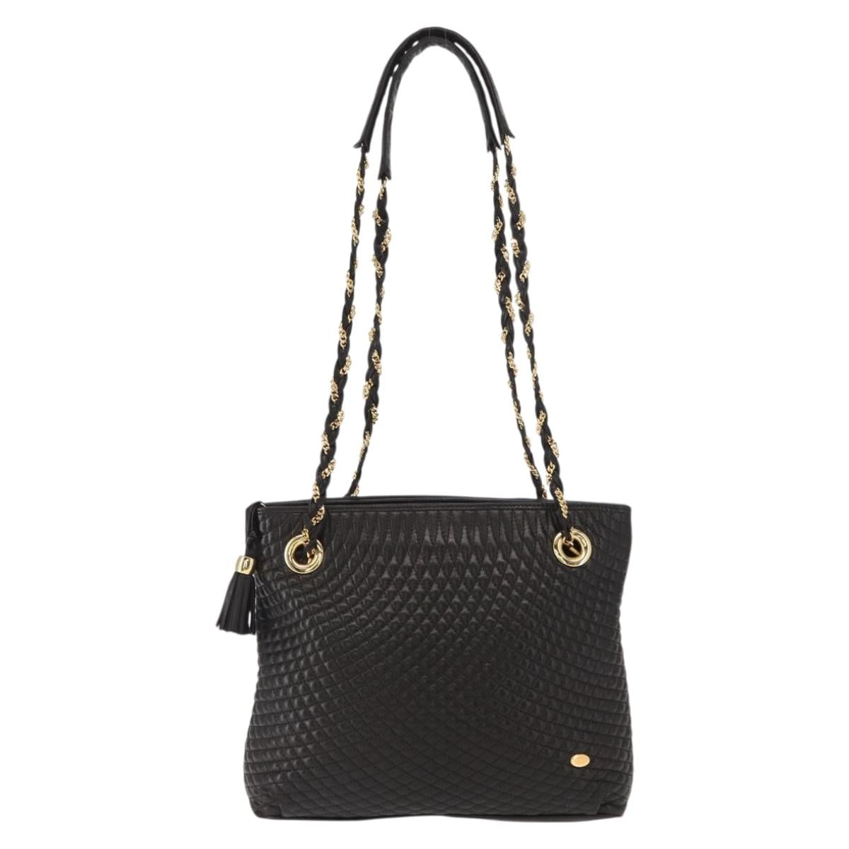 BALLY Quilted Chain Shoulder Bag Leather Black Gold Auth ka727