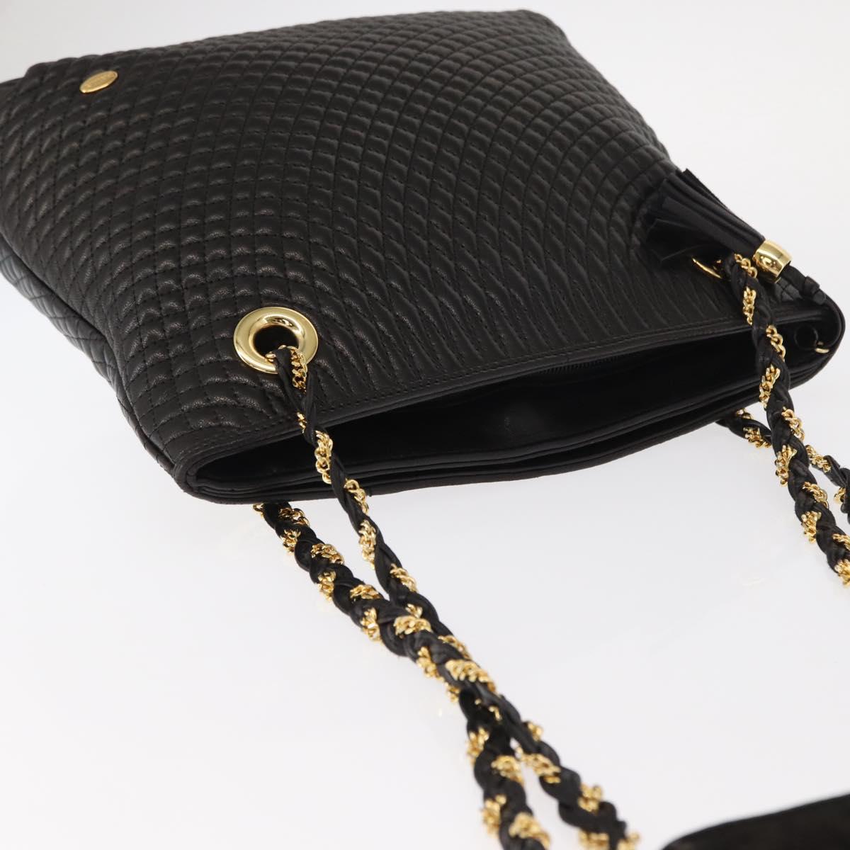 BALLY Quilted Chain Shoulder Bag Leather Black Gold Auth ka727