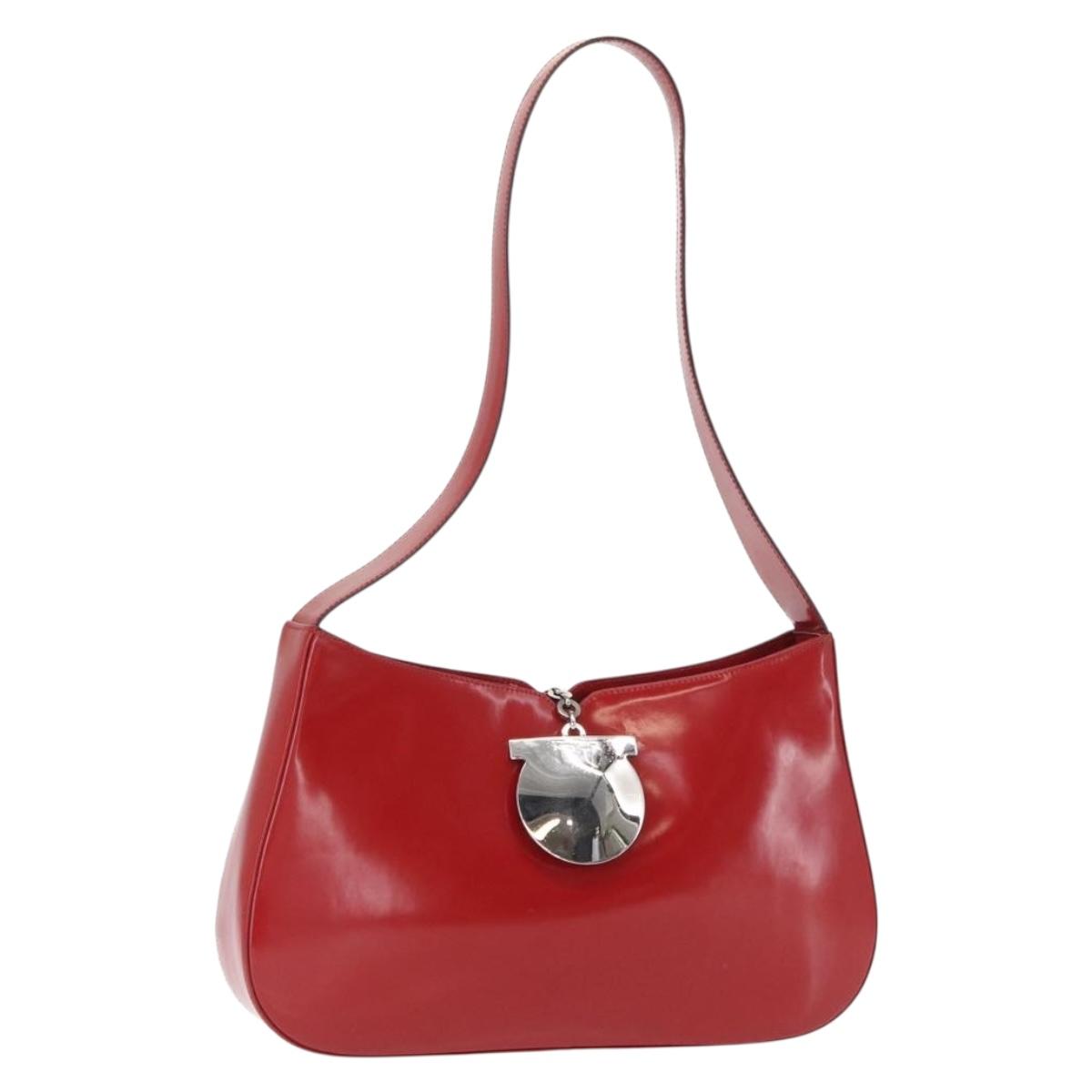 Salvatore Ferragamo Shoulder Bag Patent leather Red Silver Auth ka746