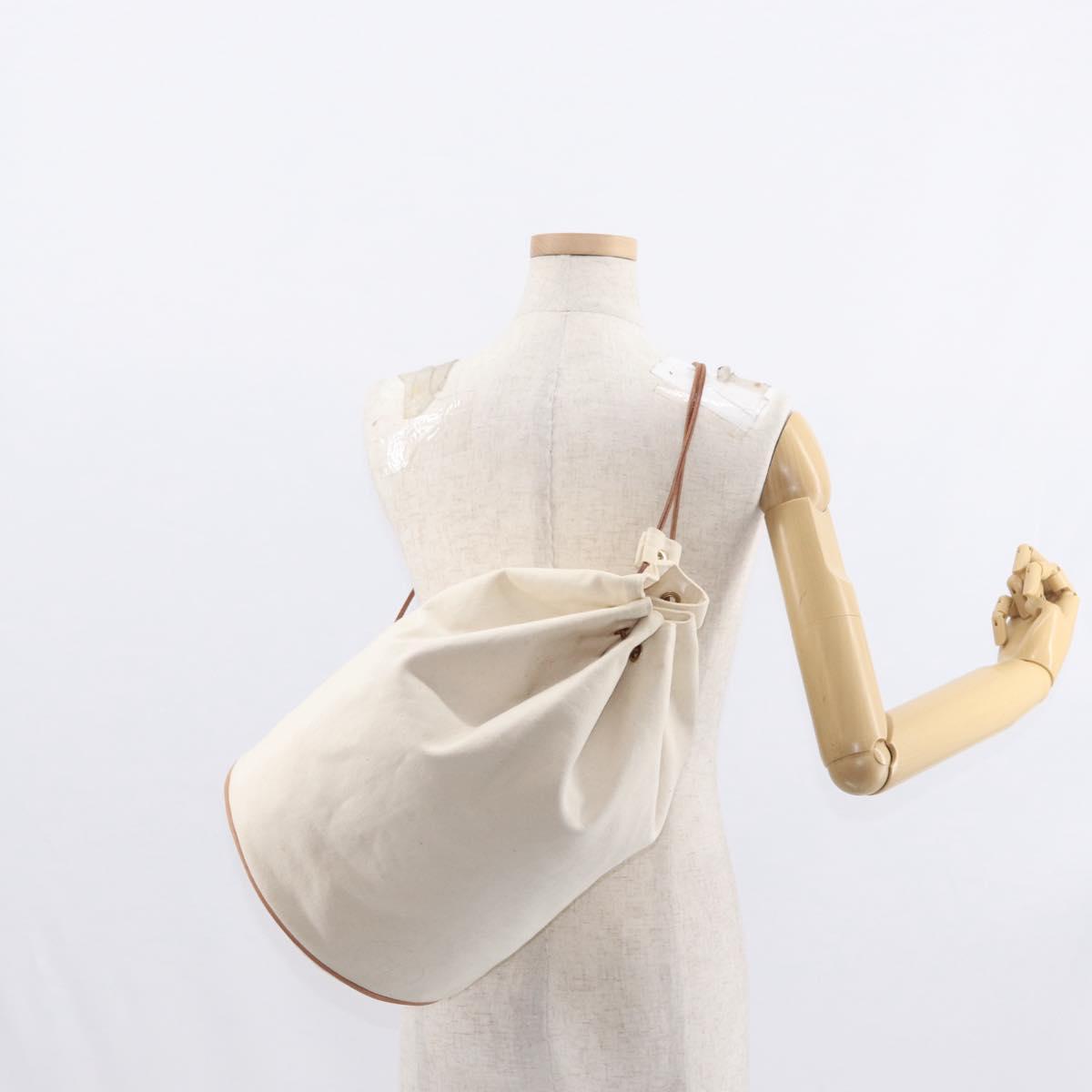 HERMES Porochon Mimir GM Shoulder Bag Canvas White Gold Auth ka758