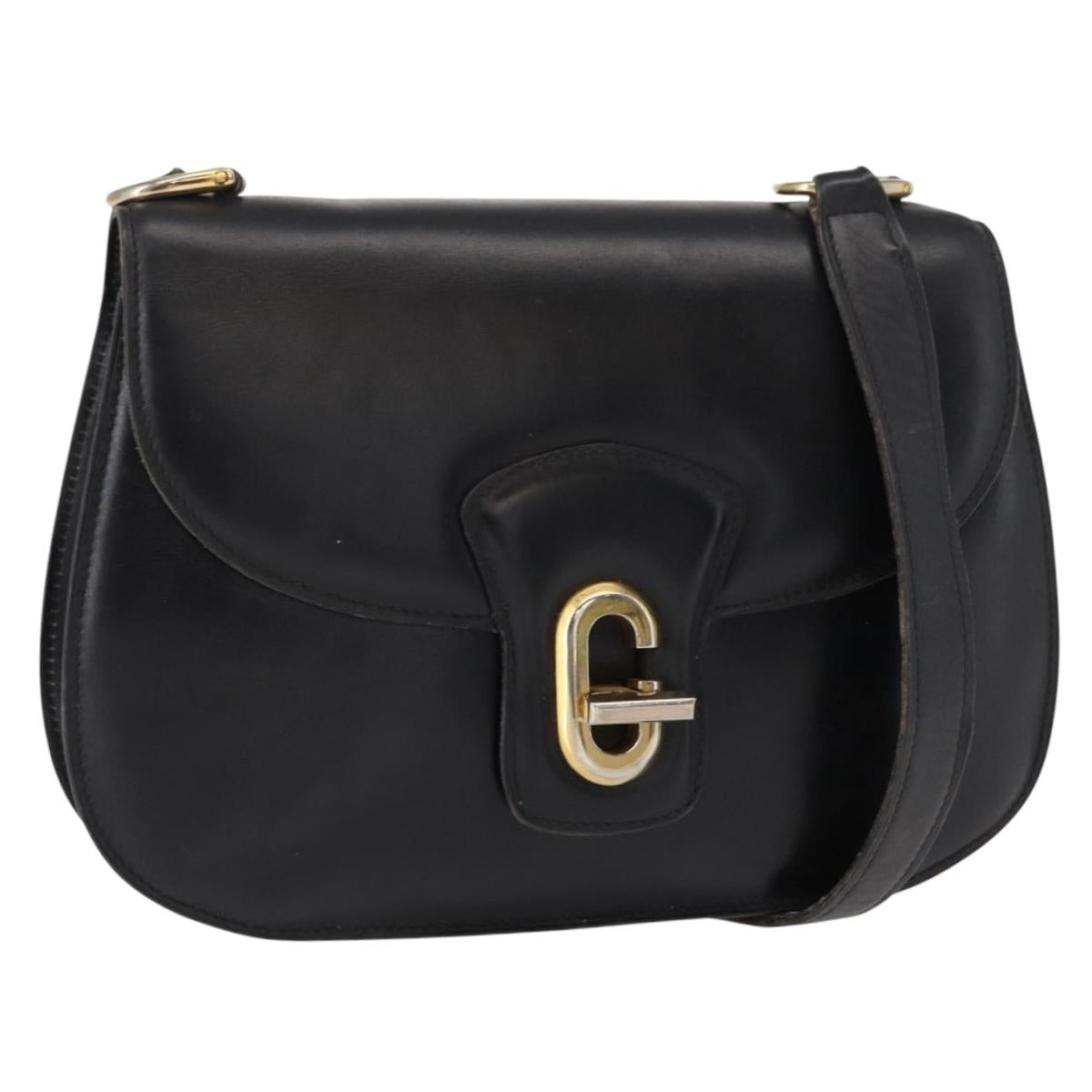 GUCCI Shoulder Bag Leather Black Gold Auth ka783
