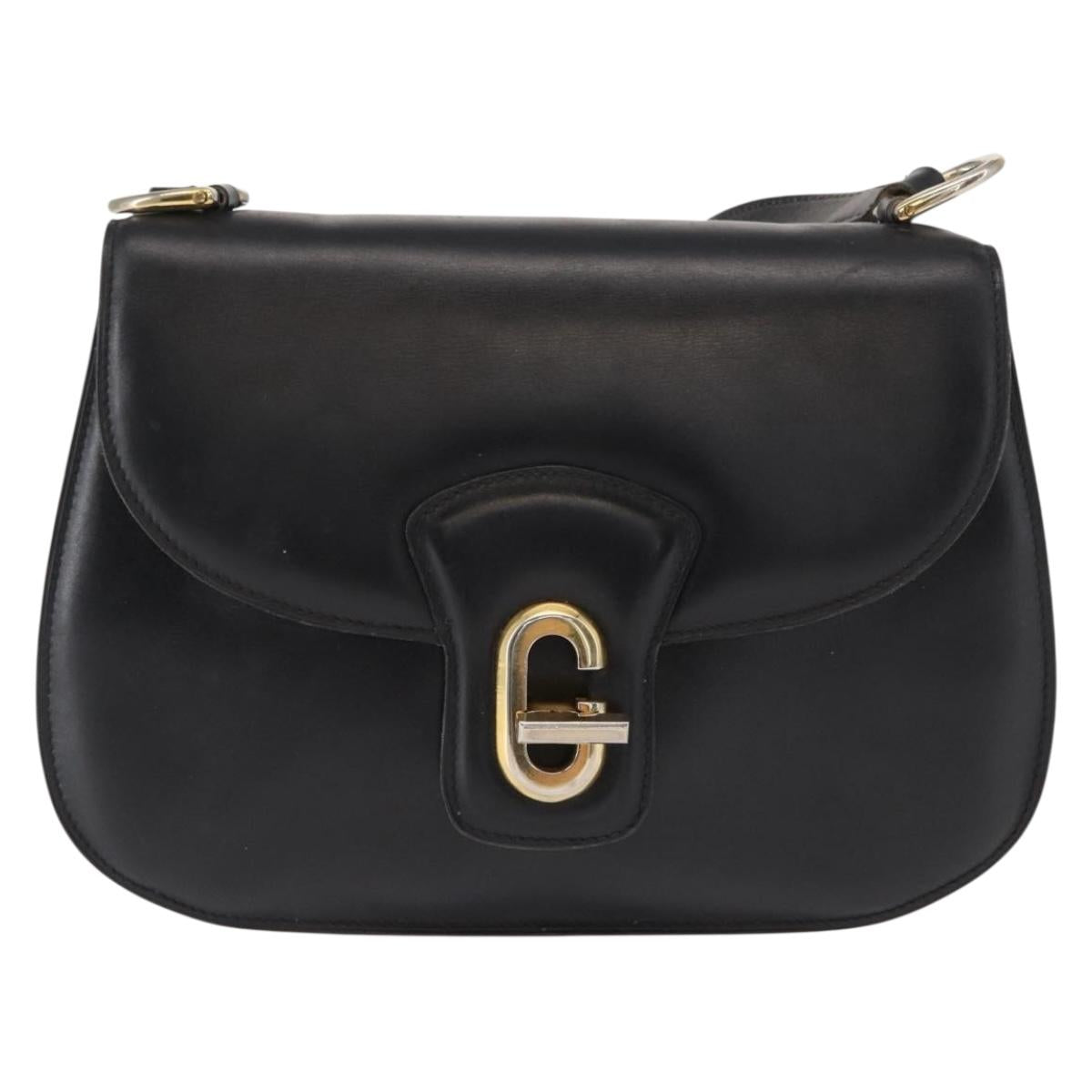 GUCCI Shoulder Bag Leather Black Gold Auth ka783