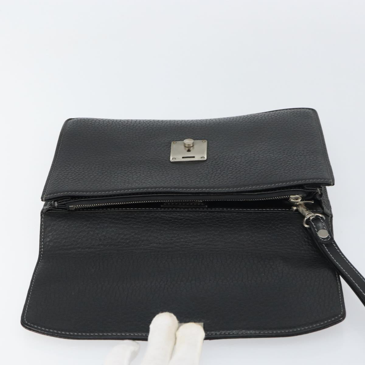 Burberrys Clutch Bag Leather Black Auth ka790