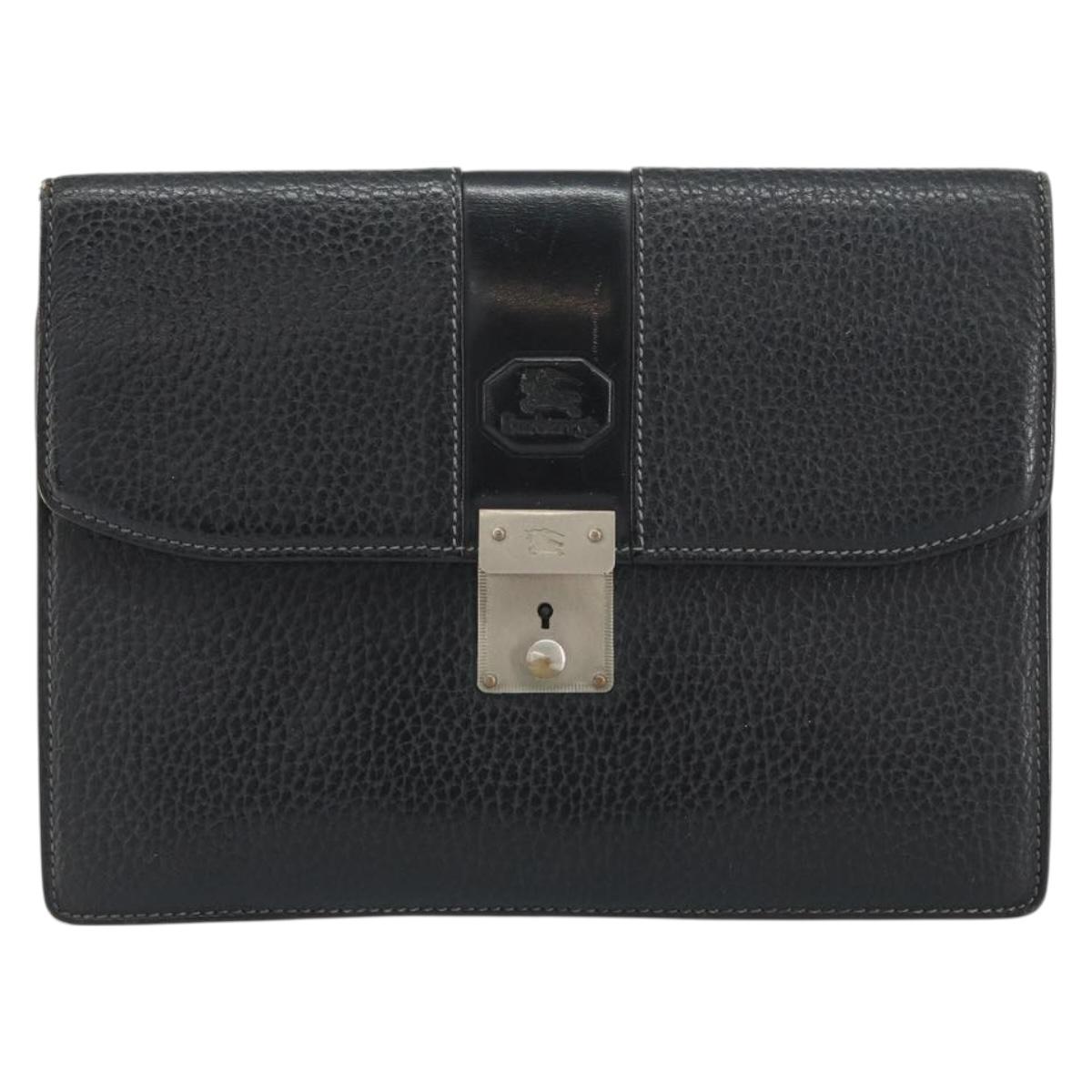 Burberrys Clutch Bag Leather Black Auth ka790