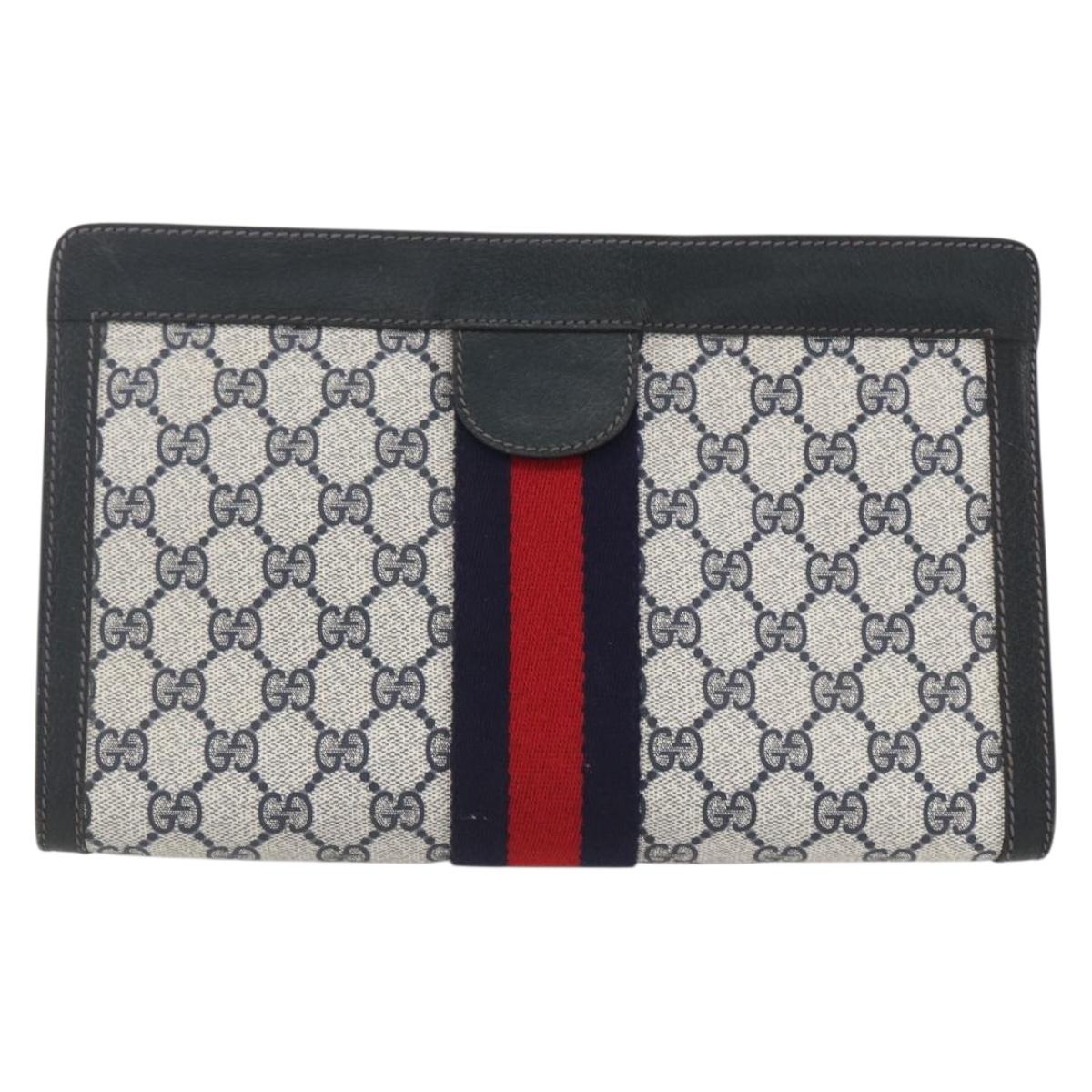 GUCCI GG Supreme Sherry Line Clutch Bag PVC Navy Red 84 014 2125 23 Auth ka792