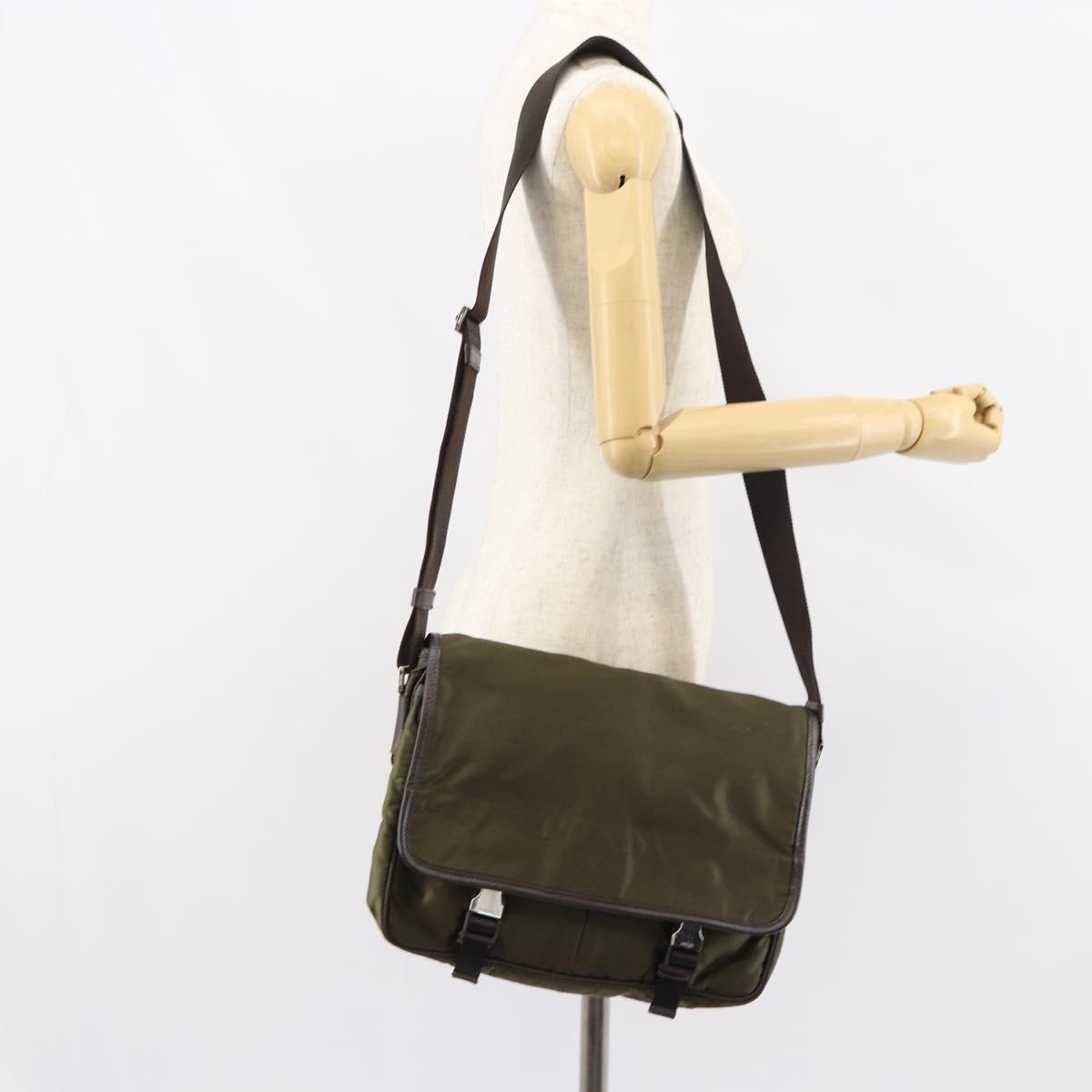PRADA Shoulder Bag Nylon Khaki Silver Auth ka810