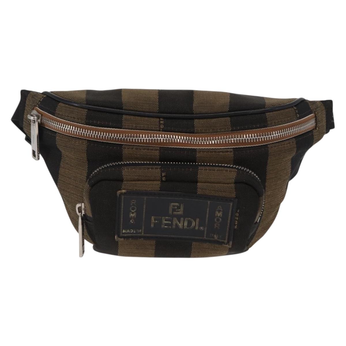 FENDI Pecan Canvas Body Bag Brown Black Silver Auth ka880