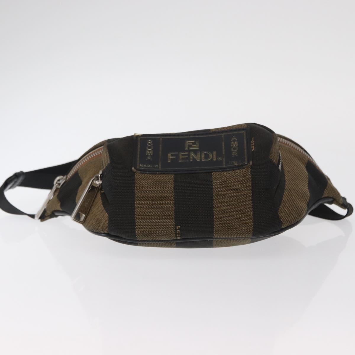 FENDI Pecan Canvas Body Bag Brown Black Silver Auth ka880