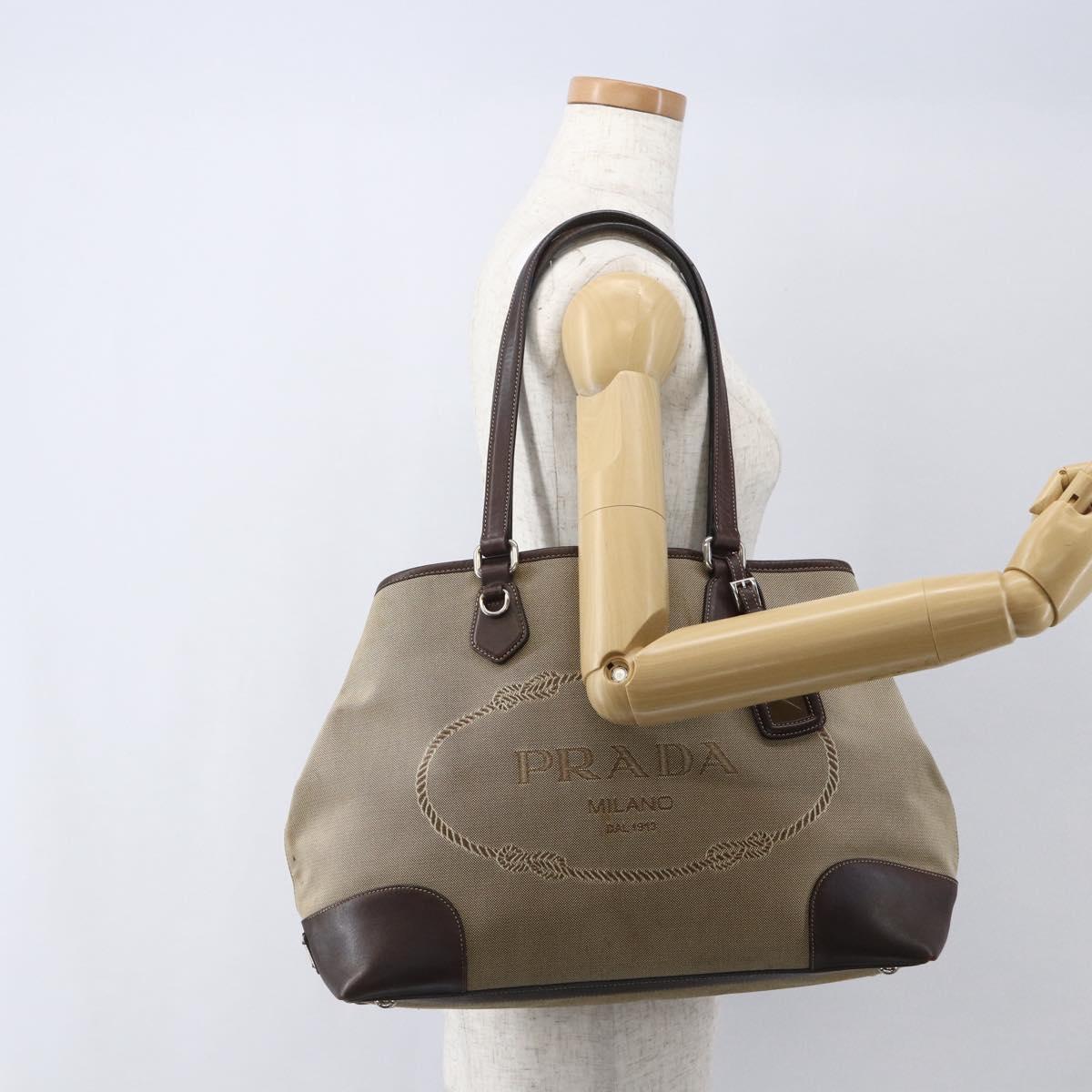 PRADA Tote Bag Canvas Beige Silver Auth ka887