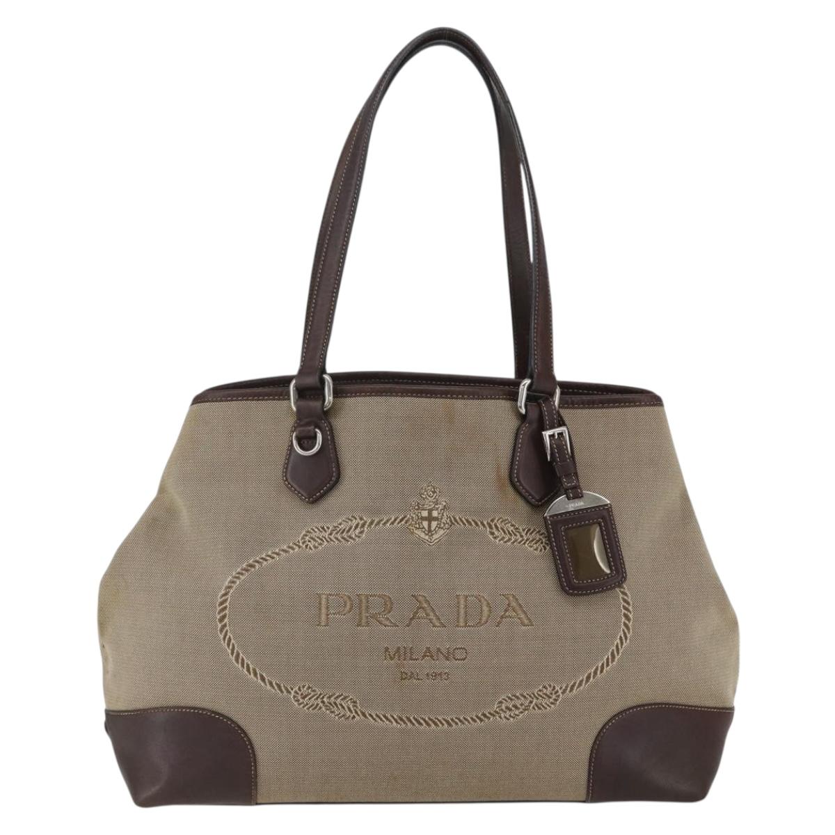 PRADA Tote Bag Canvas Beige Silver Auth ka887