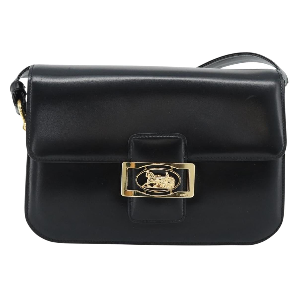 CELINE Horse Carriage Shoulder Bag Leather Black Gold Auth ka895