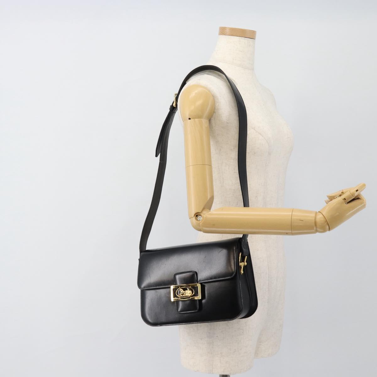 CELINE Horse Carriage Shoulder Bag Leather Black Gold Auth ka895