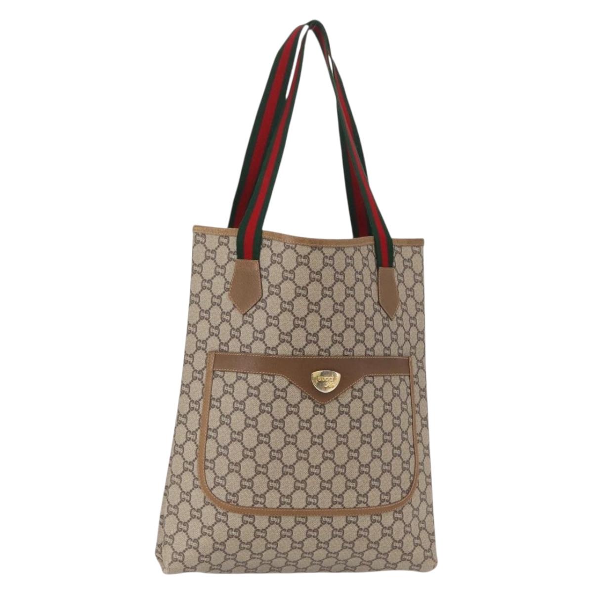 GUCCI GG Plus Supreme Web Sherry Line Tote Bag PVC Beige Gold Auth ka901