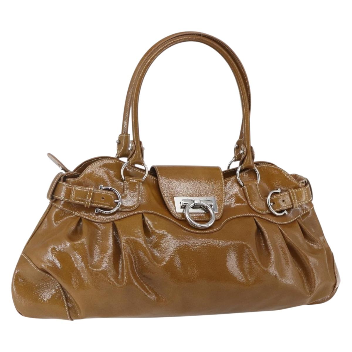 Salvatore Ferragamo Gancini Shoulder Bag Patent leather Brown Silver Auth ka928