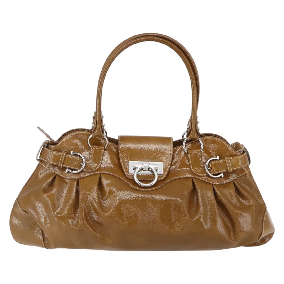 Salvatore Ferragamo Gancini Shoulder Bag Patent leather Brown Silver Auth ka928