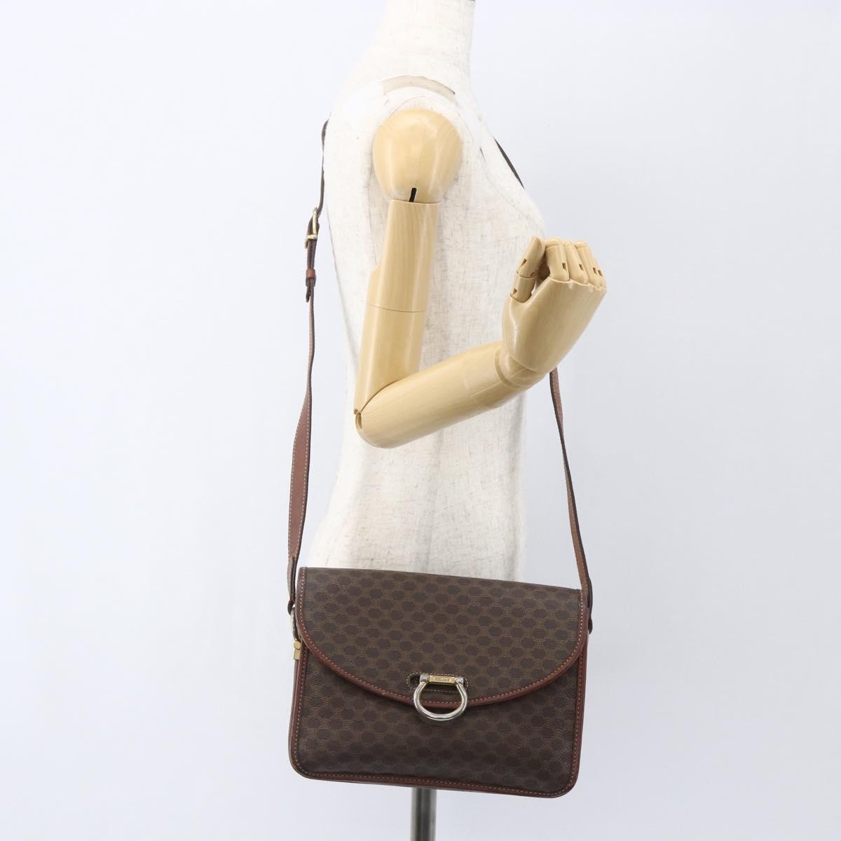 CELINE Macadam Canvas Shoulder Bag PVC Leather Brown Gold Auth ka975