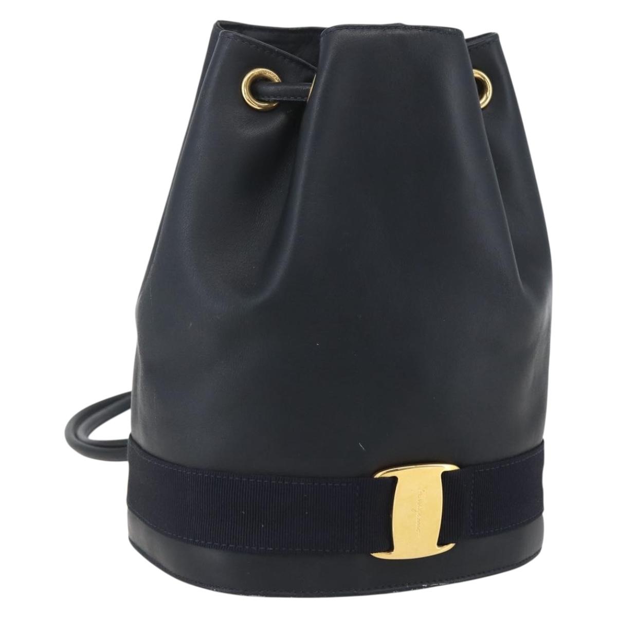 Salvatore Ferragamo Backpack Leather Navy Gold Auth ka976